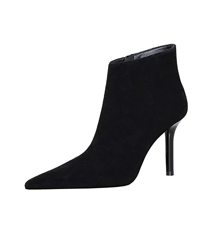 Black Suede Ankle Boots - Pointed Toe Stiletto Heels with Side Zipper