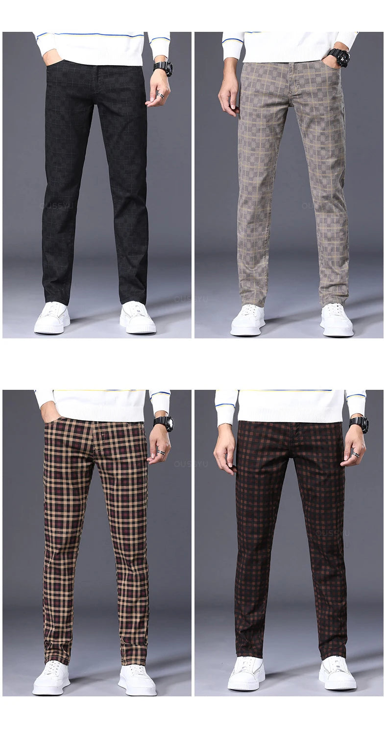 Men's Plaid 98% Cotton Stretch Straight Classic Trousers