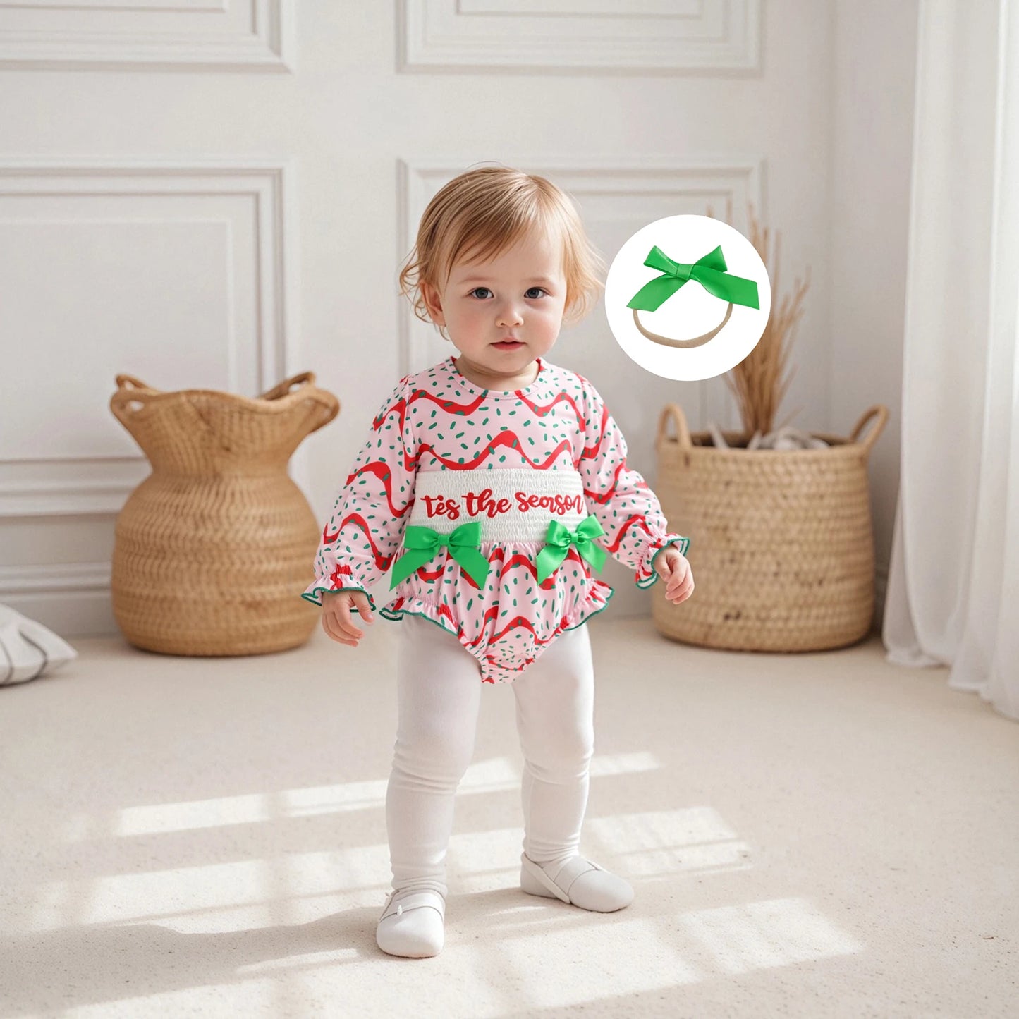 Baby Girls Christmas Romper Set - Letter Embroidery with Bow Headband