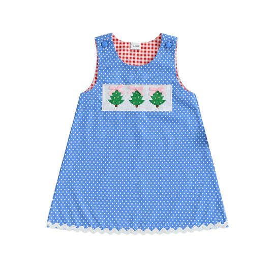 Girls' Christmas Tank Dress - Sleeveless Plaid Dress with Embroidered Tree Design