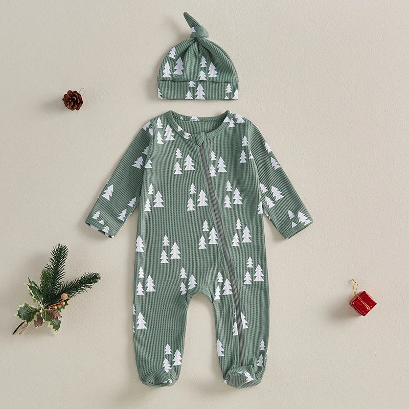 Newborn Christmas Romper Set with Hat - Xmas Tree Print Zip-Up Footed Jumpsuit