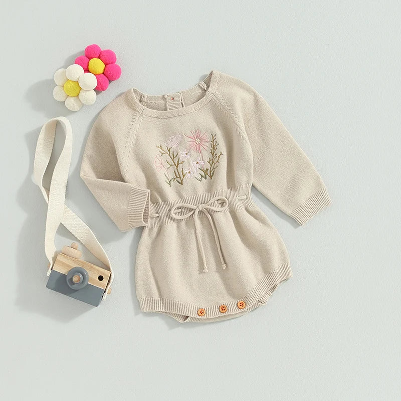 0-24M Baby Girls Romper Long Sleeve Flower Embroidery Drawstring Knit Sweater Jumpsuit