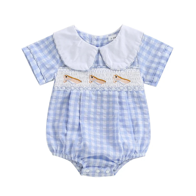 Lovely Baby Summer Romper - Plaid Print Western Embroidery Doll Collar Jumpsuit (0-18M)