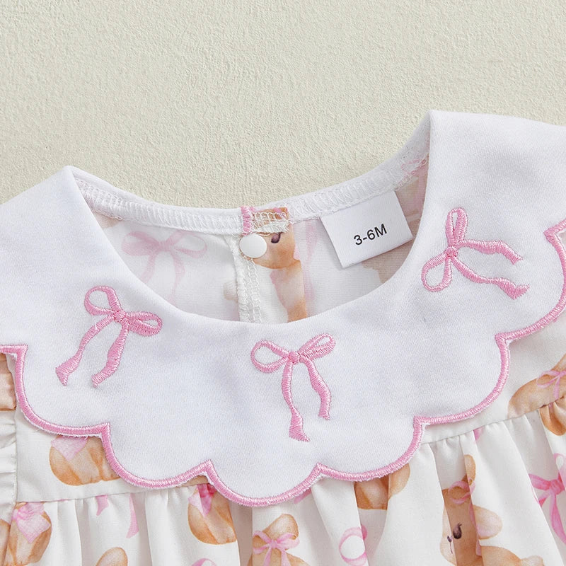 Easter Baby Girls Cute Romper - 3 Style Rabbit Bow Print Doll Collar Ruffle Short Sleeve Bodysuit (0-18M)