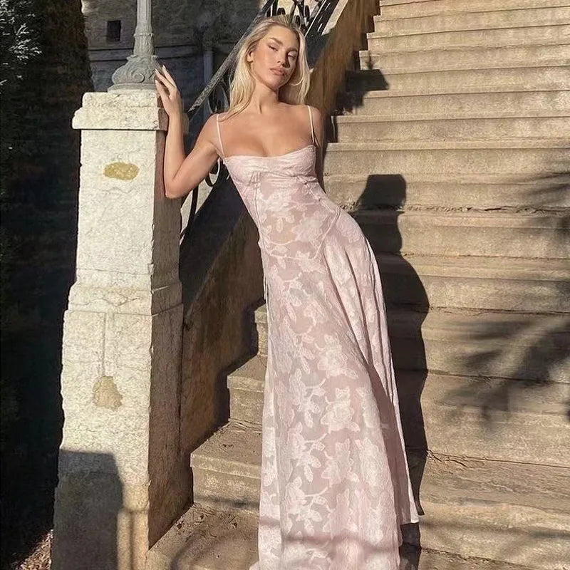Women's See Through Spaghetti Maxi Plunge Off Shoulder Floral Mesh Patchwork Long Dress