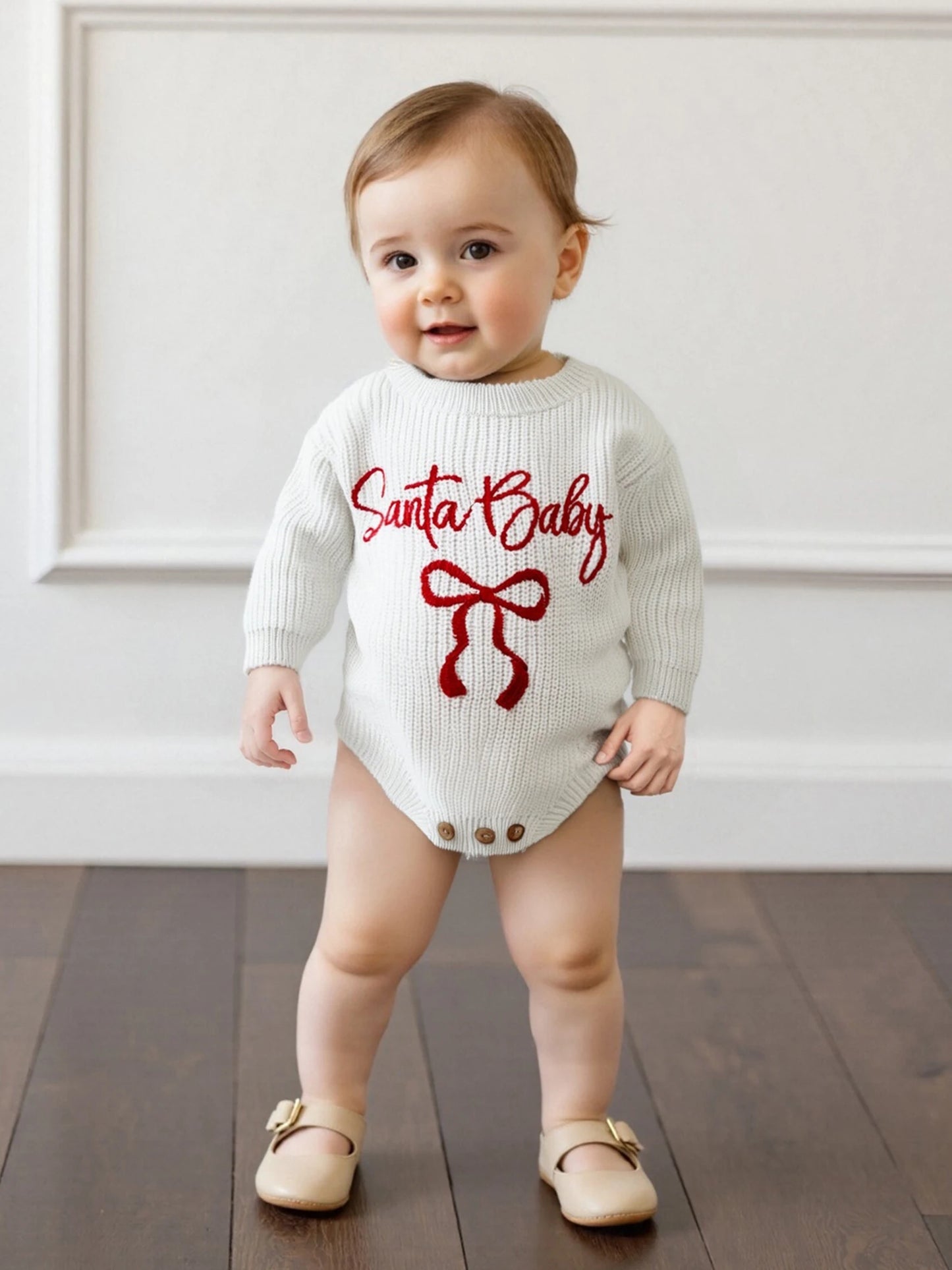 Baby Christmas Romper Sweater - Letter Bow Embroidery Ribbed Long Sleeve