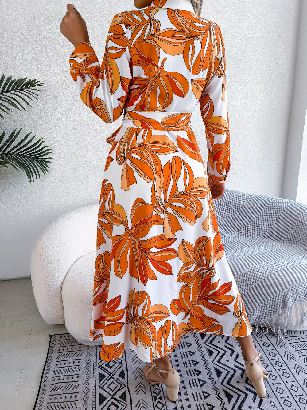 Women's Spring Summer Contrast Floral Polo Collar Lace Up Shirt Single Breasted Long Dress