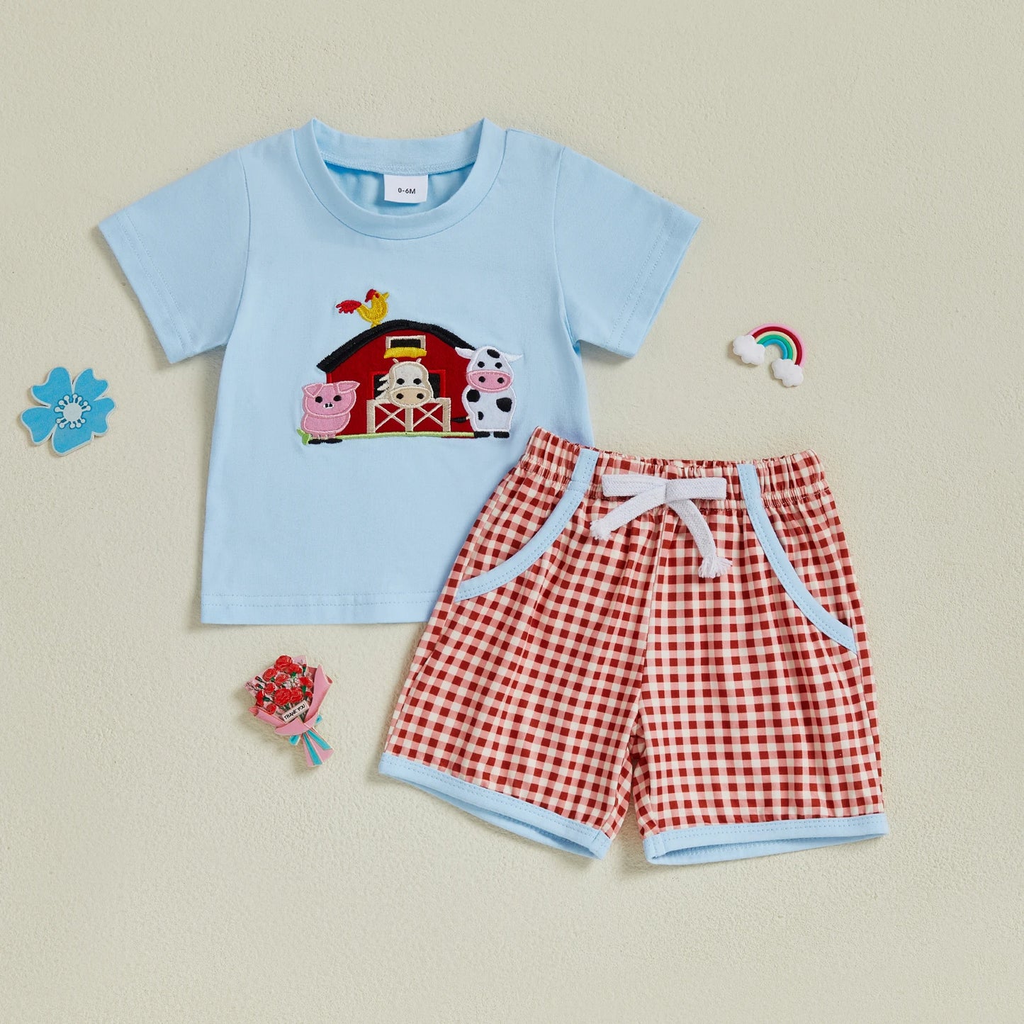 Infant Baby Boys Summer Outfit Set - Farm Animal Embroidery T-Shirt & Shorts (0-3Y)