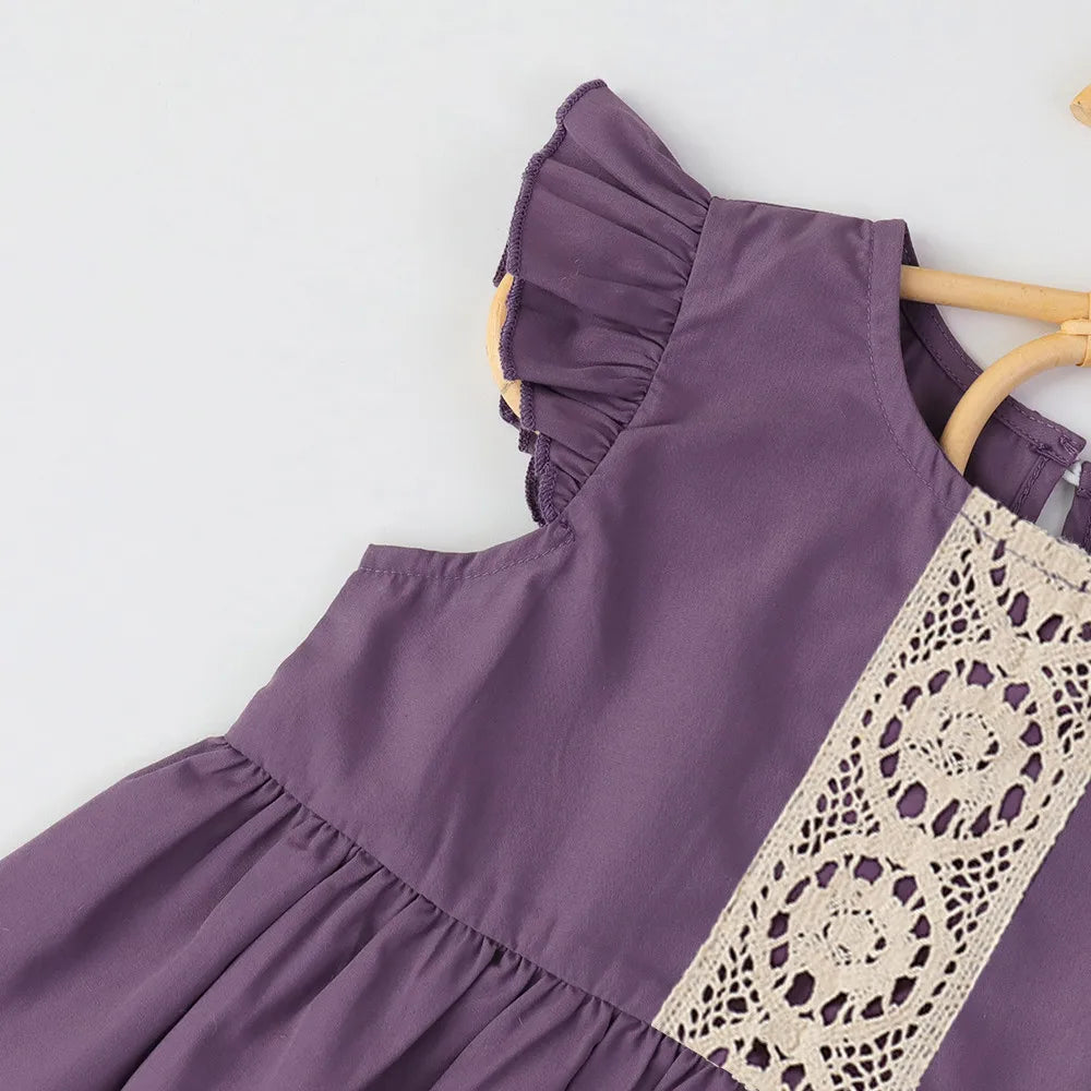 Girls Purple Lace Dress - Flying Sleeve Summer Dress with Patchwork Detail