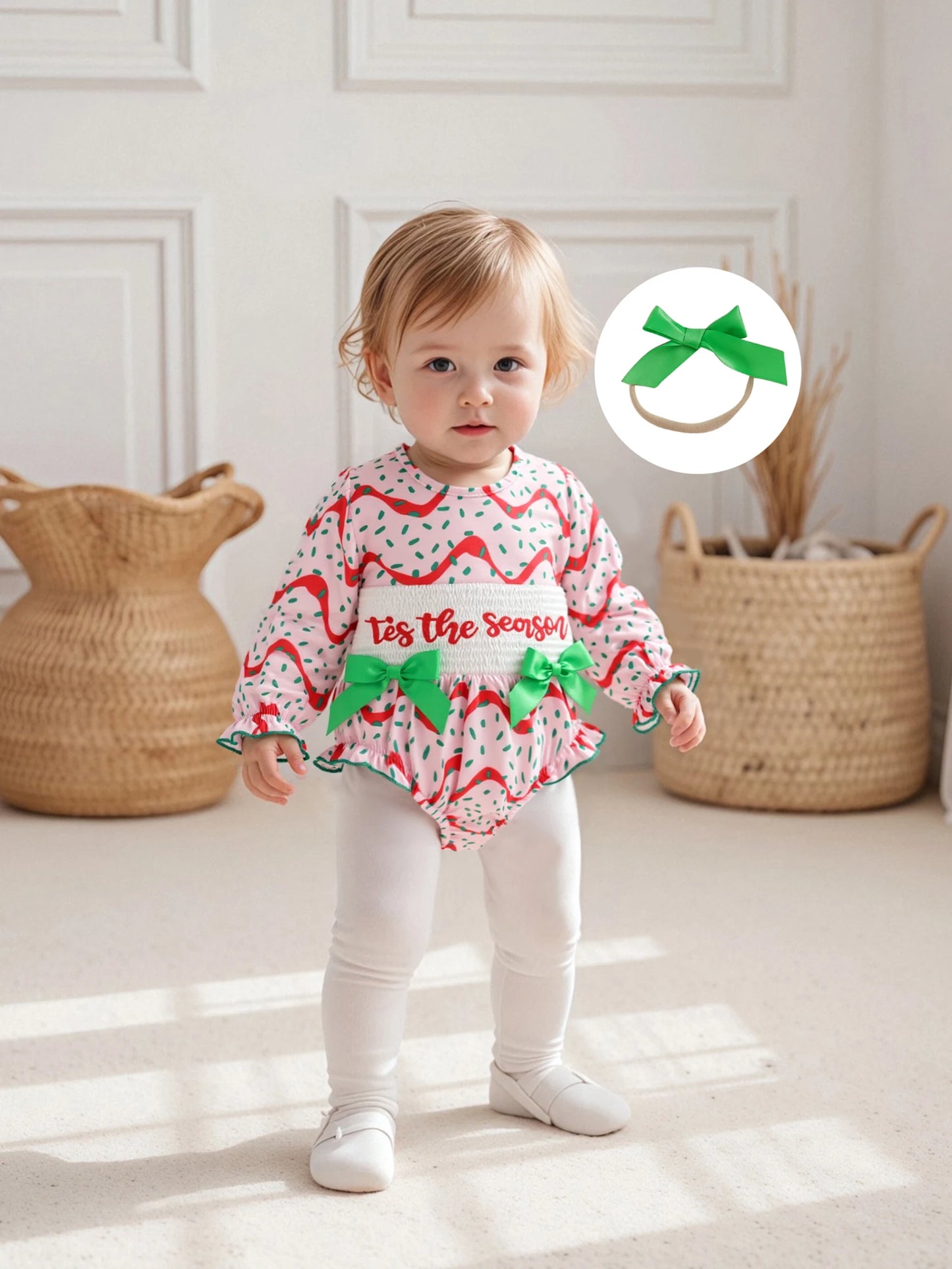 Baby Girls Christmas Romper Set - Letter Embroidery with Bow Headband