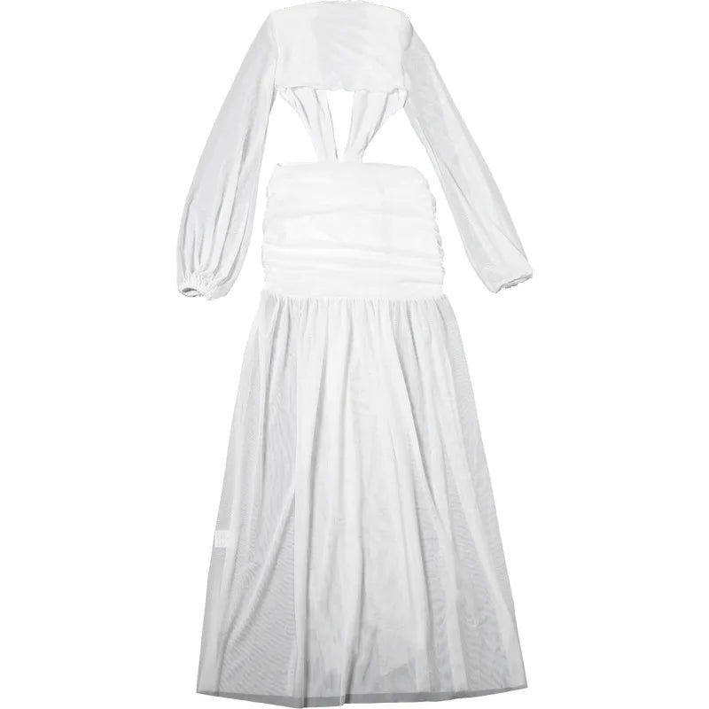 Women's Backless Draped V-Neck Maxi Dress - Ruched Mesh Long Sleeve Gown