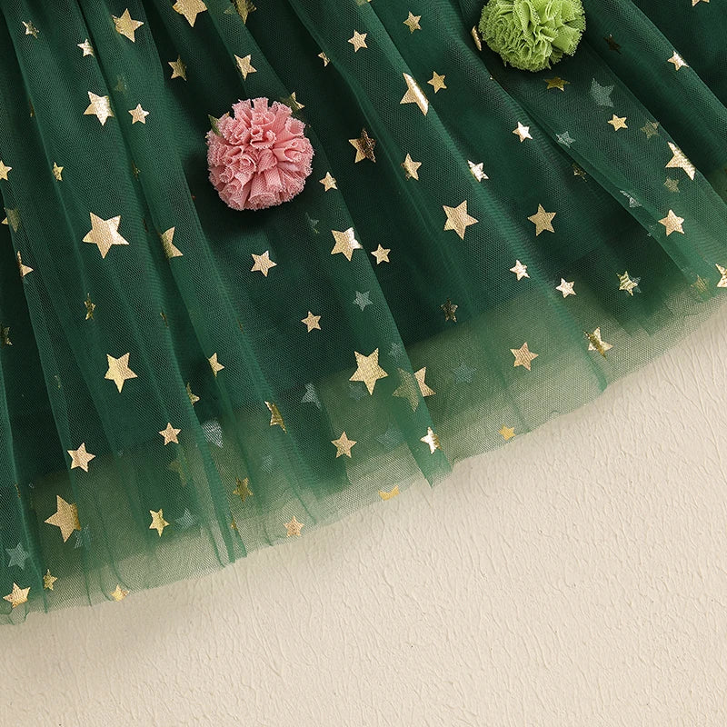 Girl's Festive Dress - Star Lace Layered Tulle Sundress with Plush Ball