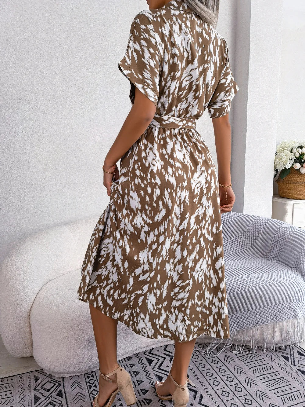 Women's Summer Casual Loose Leopard Lace Up Shirt Chic Dress