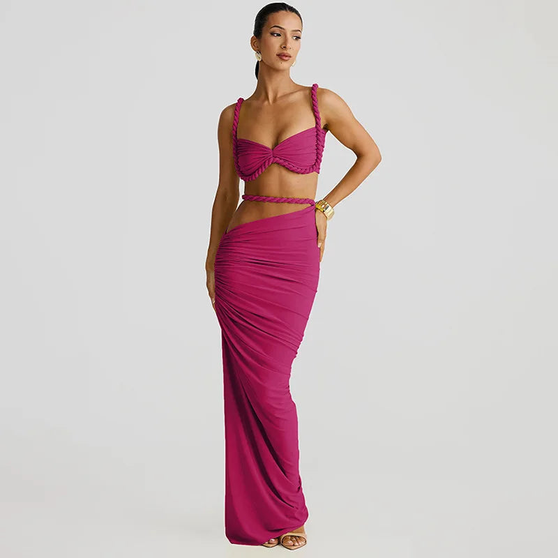 Women's Ruched Bandage 2 Piece Set Backless Decorative Cord Top and Skirt Dress Set