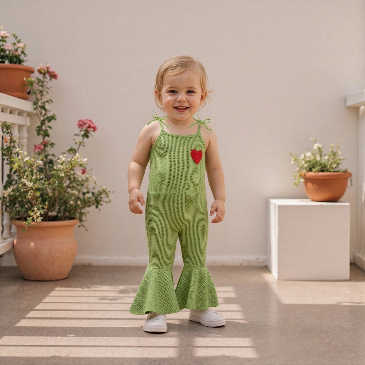 Toddler Girls' Christmas Flare Pants Romper - Heart Embroidery Sleeveless Bell Bottom Overalls