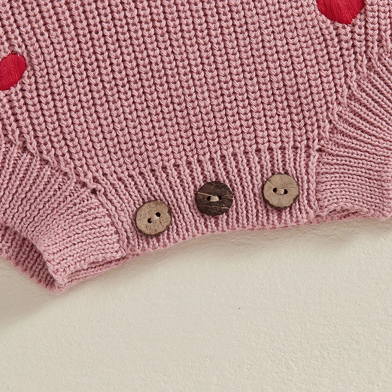 Newborn Baby Girl's Sweater Romper - Heart Knit Long Sleeve Jumpsuit for Valentine's