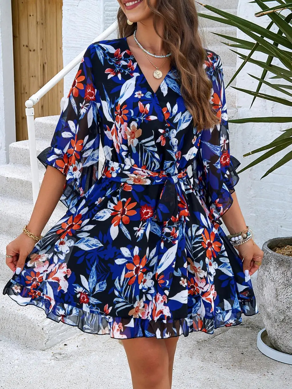 Women's Autumn Winter Half Sleeve Flower Print Elegant V-neck Casual A-Line Knee-Length High Waist Dress