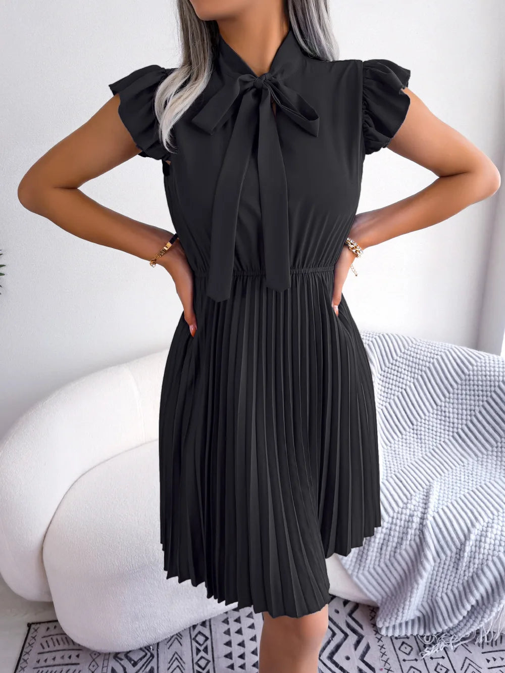 Women's Spring Summer Elegant Lace Up High Waist Large Fold Bow Collar Pleated Dress