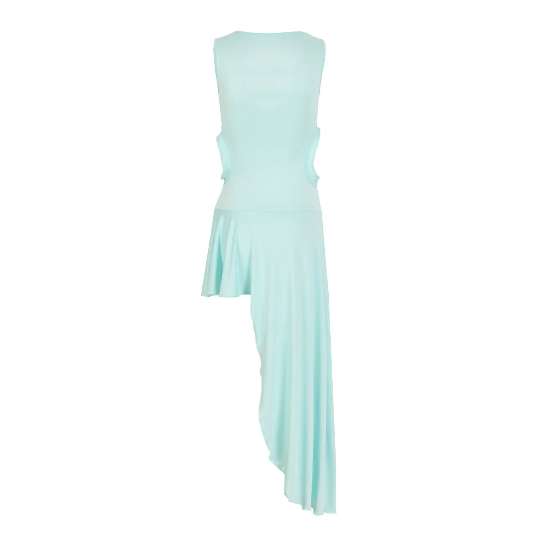 Women's Flounced Edge Round-neck Sleeveless Naked Waist Irregular Swing Long Dress