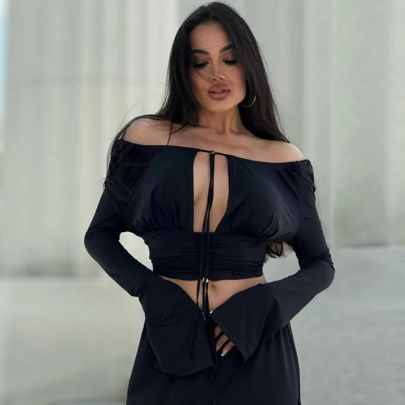 Women's Off Shoulder Tie Front Cropped Top with Cut Out Detail