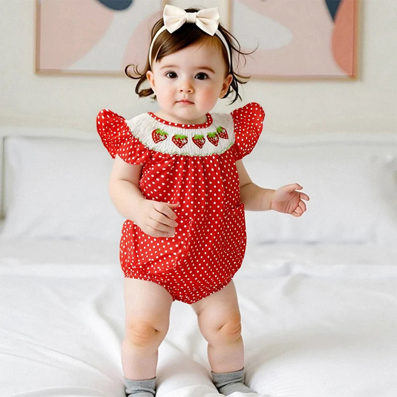 Baby Girls Strawberry Embroidery Polka Dot Romper - Smocked Ruffle Sleeve Jumpsuit (0-24M)