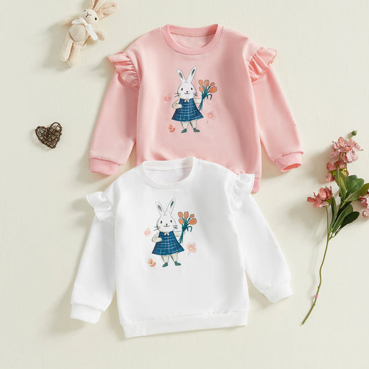 Girls' Easter Rabbit Print Sweatshirt - Long Sleeve Crew Neck Pullover