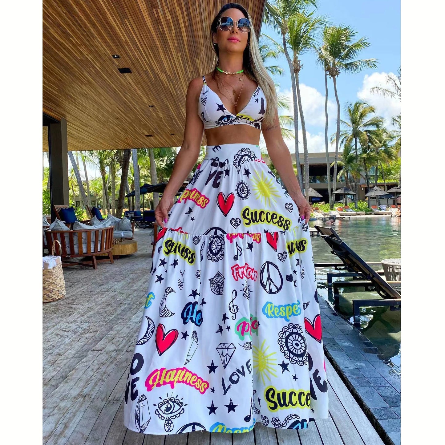 Women's Print Beach Two Piece Skirt White Bra High Waist A-line Long Skirt Beach Set