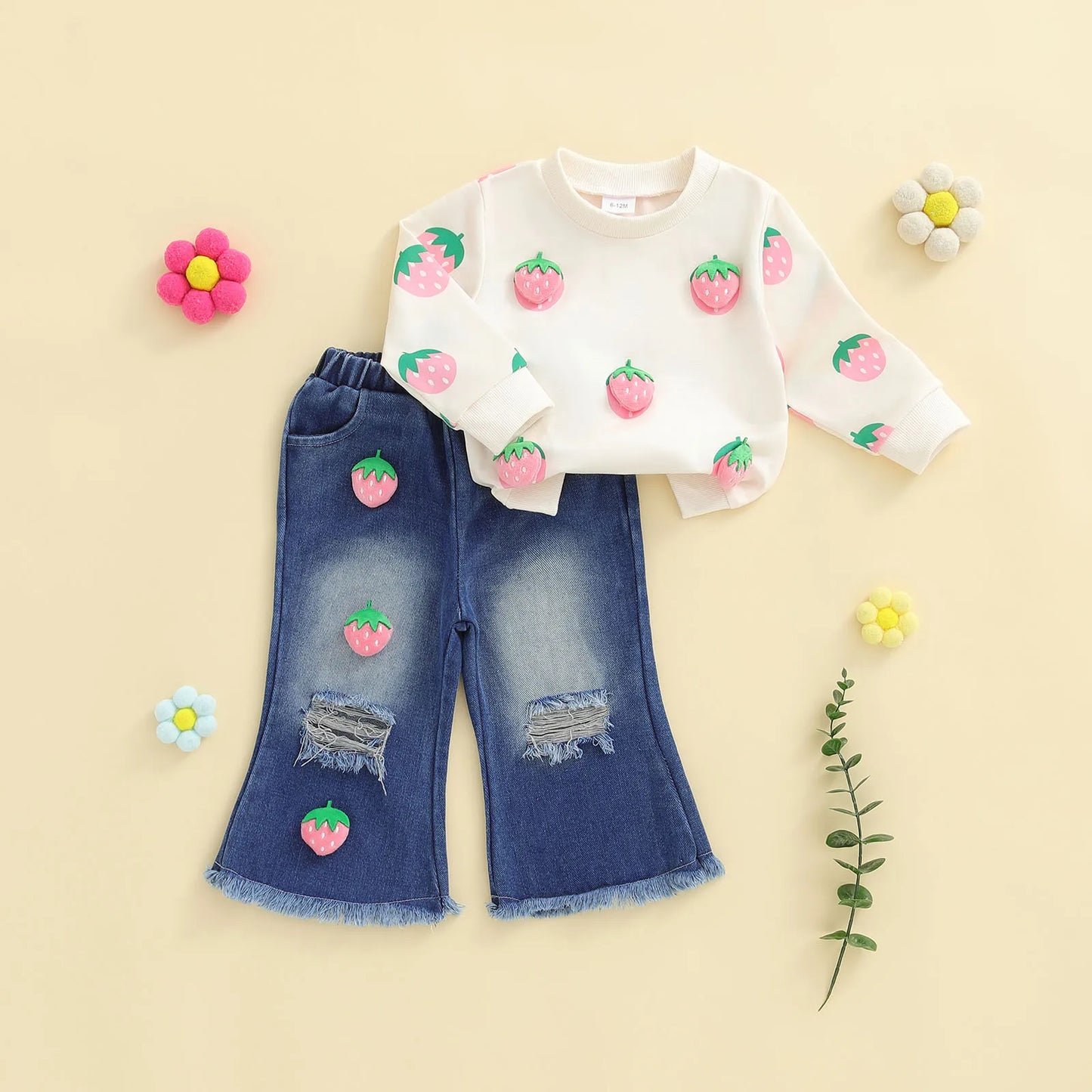 Kids Girls Fall Winter Clothes Set - 3D Strawberry Long Sleeve Pullover Top & Ripped Denim Flare Pants