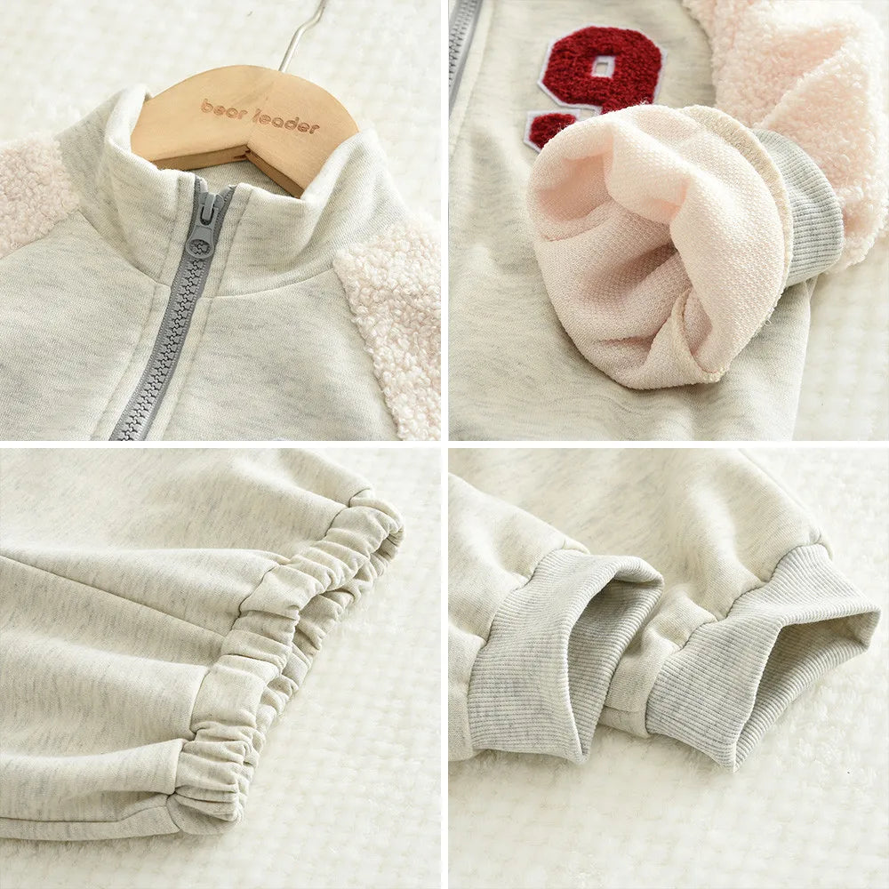 Children's Boy's Girl's Wool Patchwork Long Sleeves Sweatshirt and Pants Zipper Set