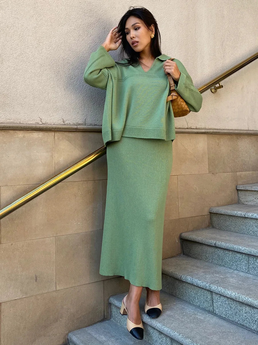 Women's Loose Sweater V-Neck Knit Pullover Top and Long High Waist Skirt 2 Piece Set