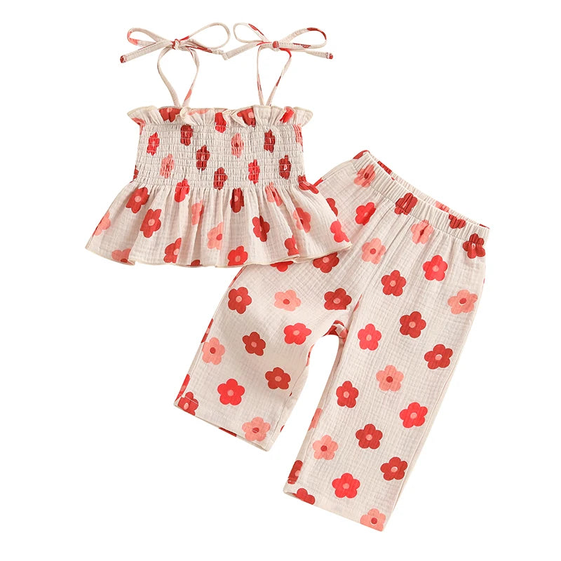 0-4Y Kids Girls Clothes Set Flower Print Sleeveless Lace Up Pleated Camisole with Trousers 2pcs Set
