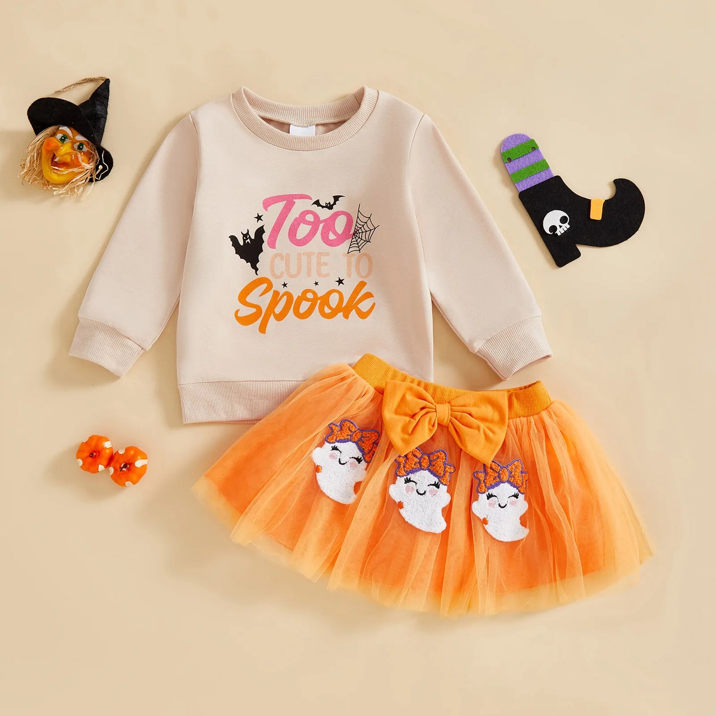 Baby Girl's Halloween Outfit Set - Cartoon Letter Sweatshirt & Ghost Tulle Skirt