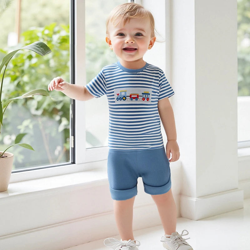 Summer Baby Boys Car Embroidery Outfit Set - Stripe Print T-Shirt & Elastic Waist Shorts (2-Piece)
