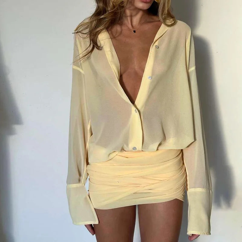 Women's See Through Shirt Mini Dress Flare Sleeve Party Bandage Ruched Lapel Dresses Outfit