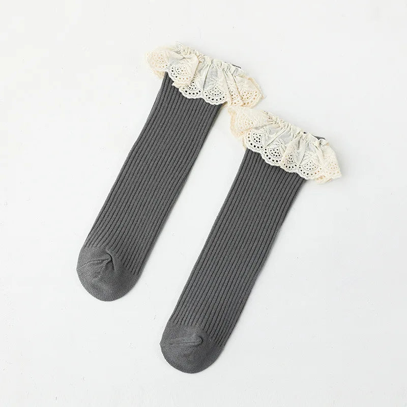 Baby Girls Lace Stocking Ribbed Knit Non-slip Medium Tube Stockings