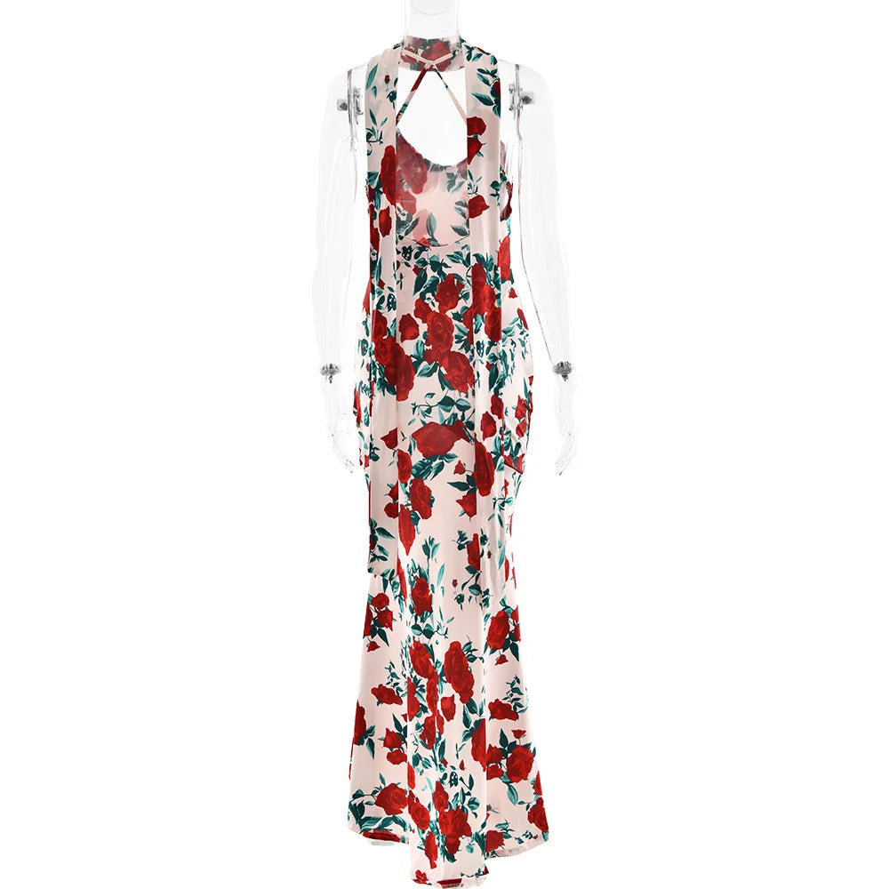 Women's Floral Print V Neck Scarf Draped Maxi Summer Backless Outfit Party Dress