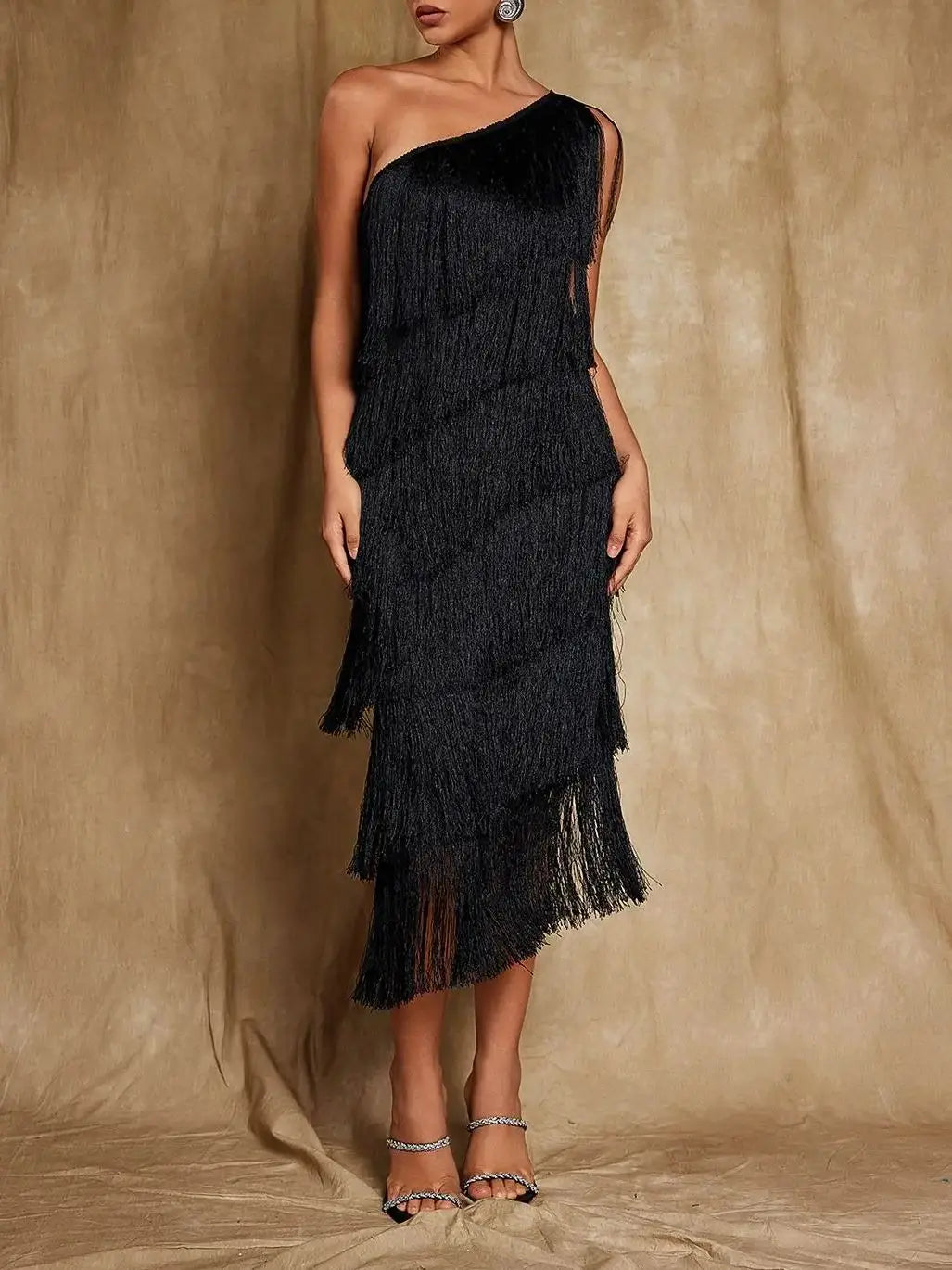 One Shoulder Fringe Midi Dress - Elegant Party Cami Dress with Asymmetric Tassel Detail
