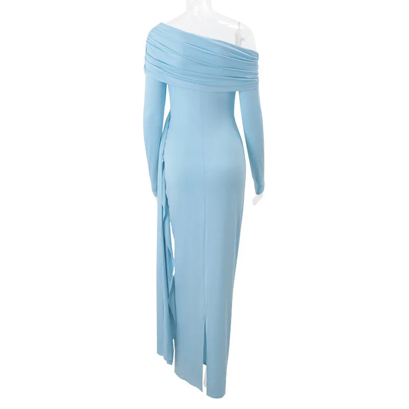Women's Elegant Asymmetrical Ruched Maxi Dress - Long Sleeve Bodycon Gown