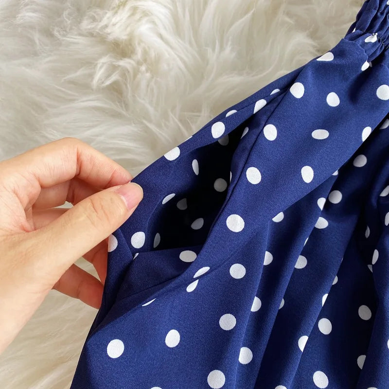 Women's V-Neck Polka Dot Jumpsuit - Wide Leg Trousers with Dolman Sleeves