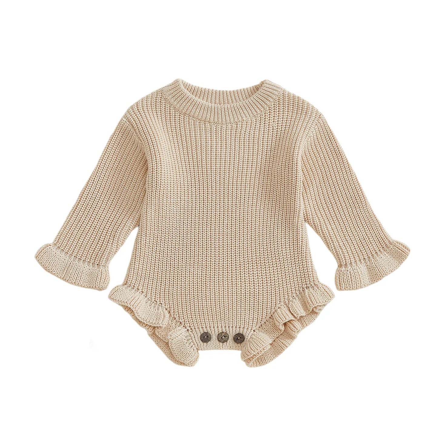 Newborn Baby Knit Romper - Long Sleeve Round Neck Ruffled Sweater Jumpsuit