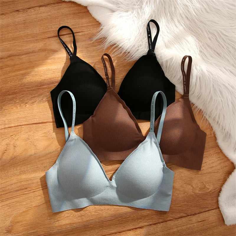 Women's 3/5Pcs/set Wireless Bra Deep V Padded Bralette Stripe Knitting Bras