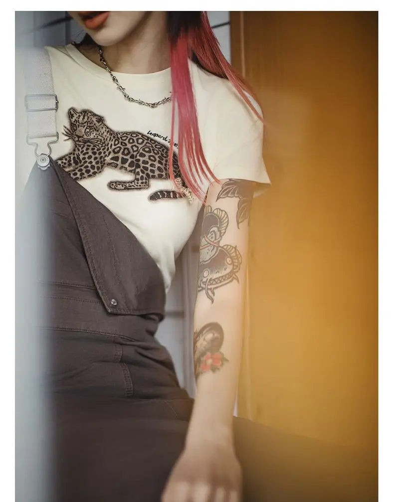 Women's Animal Print Short Sleeve T-Shirt - Vintage Crew Neck Tee