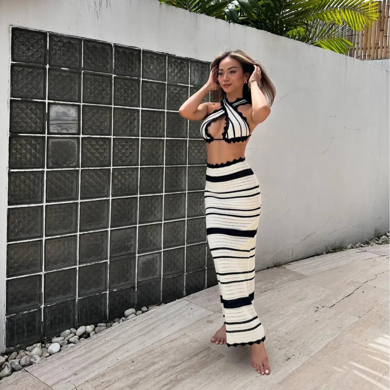 Women's Summer Beachwear Stripe Dress Set -Deep V Neck Knitted Top and Skirt 2 Piece Sets