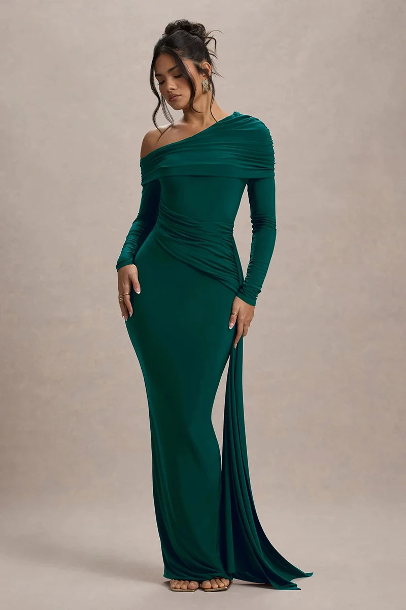 Women's Skew Collar Long Sleeve Maxi Backless Draped Ruched Bodycon Long Dress