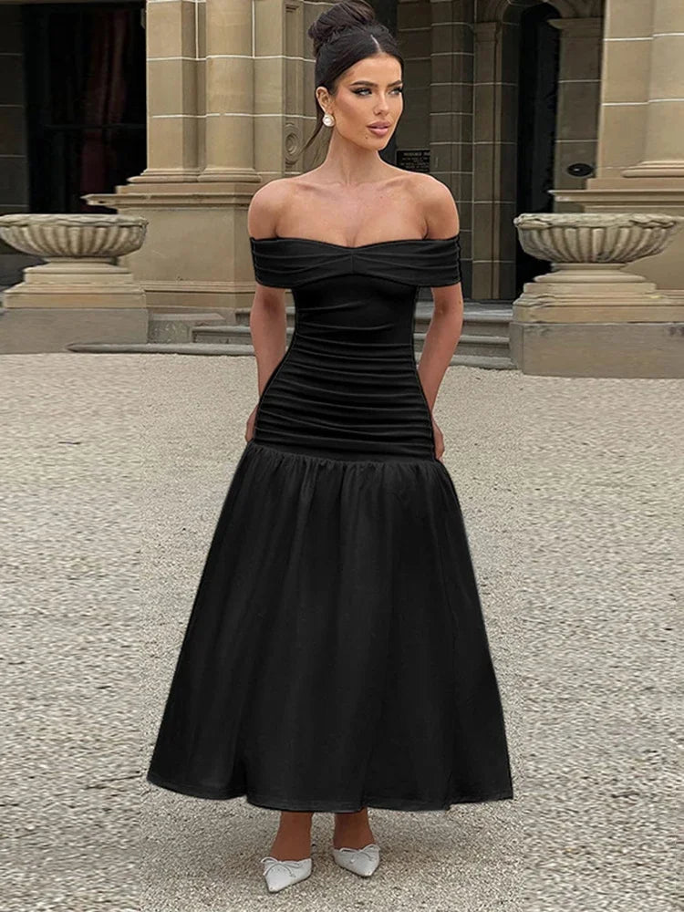 Women's Ruched One-Shoulder Party Long Sleeveless High Waist A-Line Dress