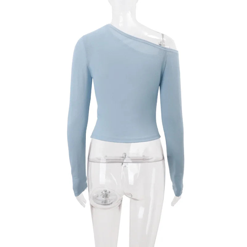 Women's Autumn Long Sleeve Asymmetrical Knit Top - Blue Cropped Slim Fit