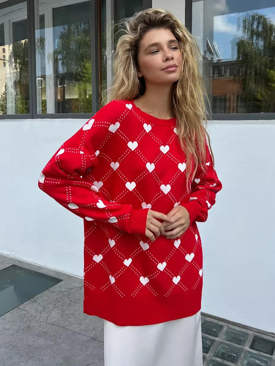 Women's Love Heart Printed Round-neck Pullover Sweater