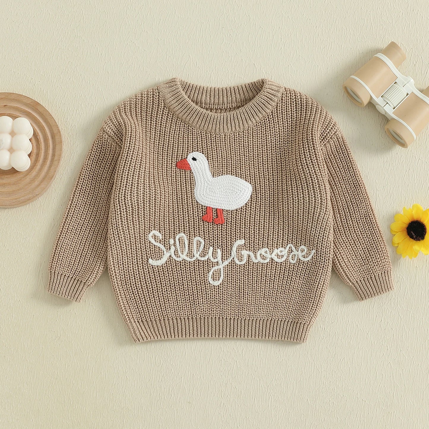Toddler Baby Goose Sweater - Animal Letter Embroidered Crewneck Chunky Knit