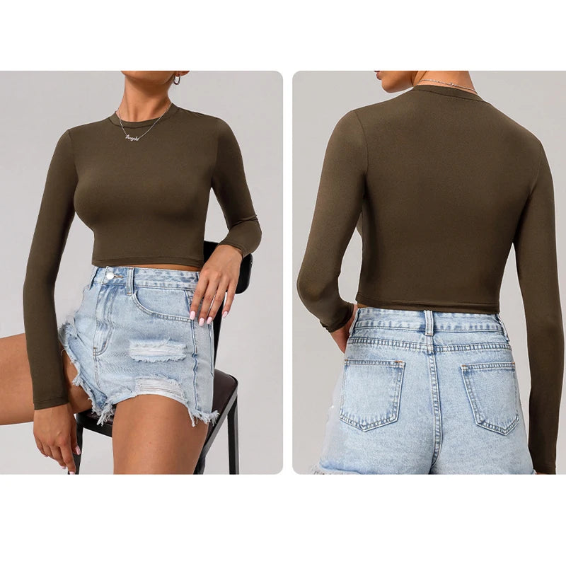 Women's Slim Fit Yoga Shirt Solid Colour Long Sleeve Gym Running Top Breathable Quick Dry Workout Crop Top Sportswear
