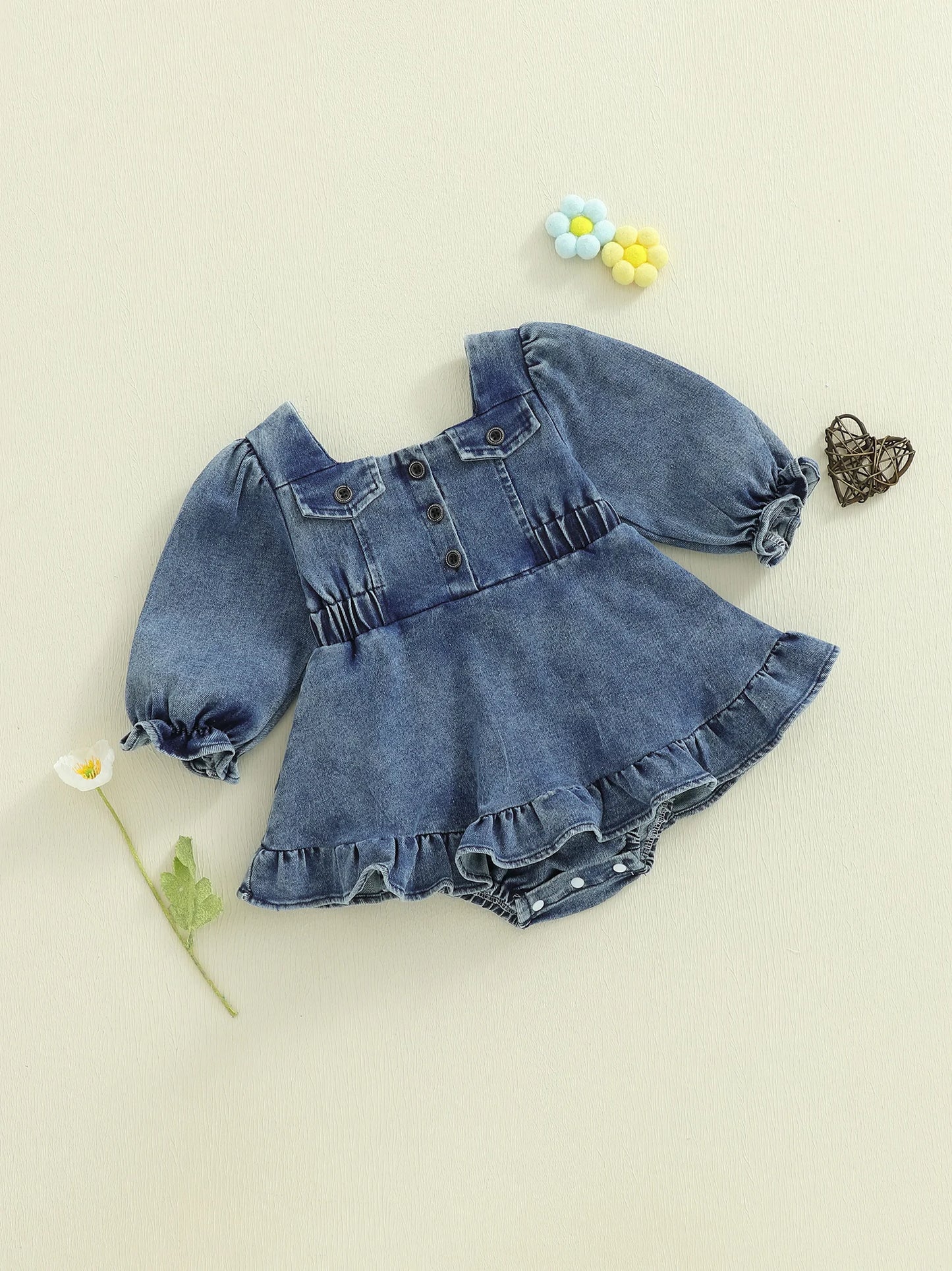 Baby Girls Denim Romper Dress - Square Neck Lantern Long Sleeve Bodysuit (0-24M)